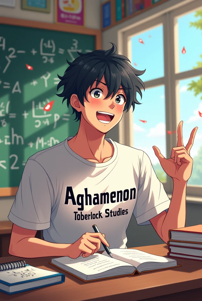 Make a male anime character teaching in a profile frame with a t-shirt saying Aghamenon Toberlock Studies