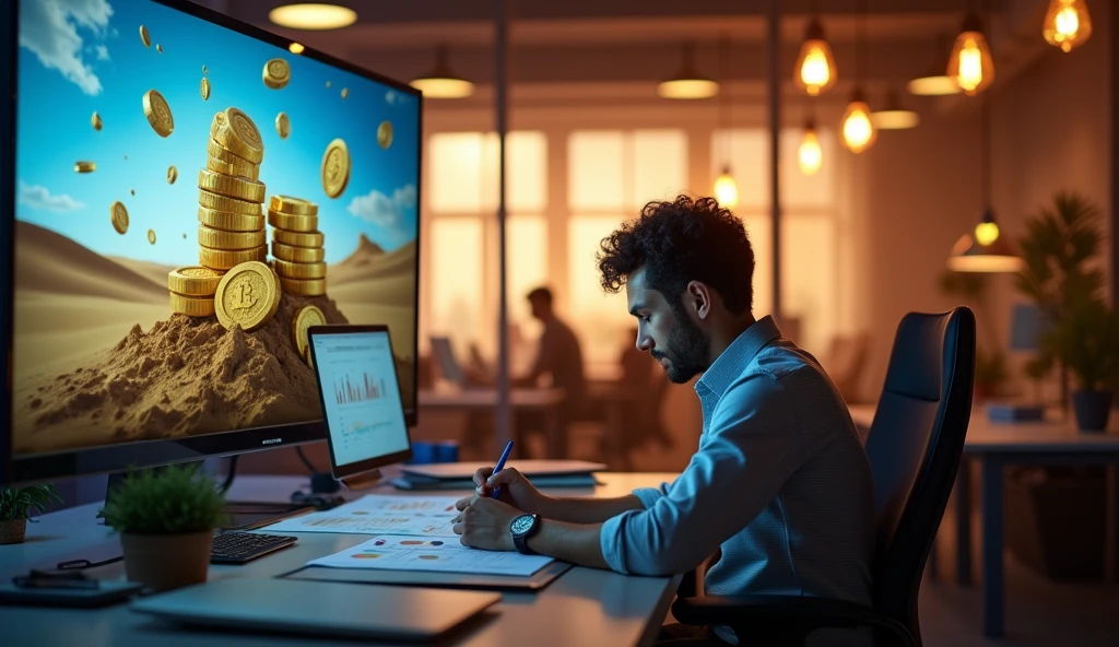 Create an image that contrasts the seduction of promises of quick wealth with the value of diligent work. Show a modern scenario where an individual is immersed in real tasks and projects, while in the background, a screen or panel displays advertisements promising quick and superficial riches. The scene should emphasize the difference between steady and smart work, represented by the focused and productive individual, and the illusions of quick wealth, that appear vague and ephemeral. The environment must highlight the importance of real, strategic effort to achieve true success..