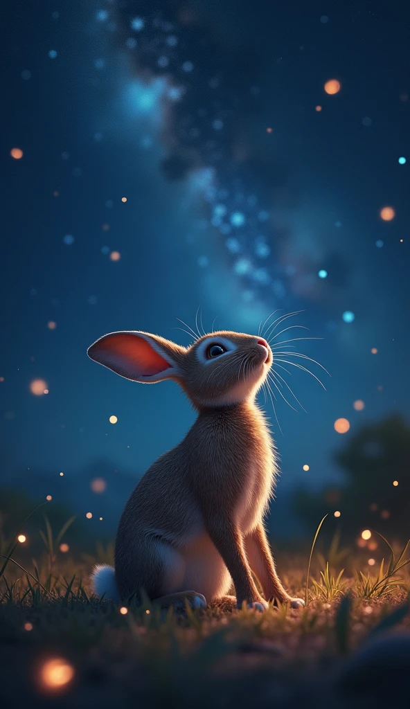 a detailed summer night starry sky, a rabbit looking up, detailed rabbit, realistic, detailed fur, detailed eyes, detailed face, detailed paws, detailed anatomy, realistic lighting, stunning night sky, highly detailed, 8k, photorealistic, cinematic lighting, dramatic atmosphere, vibrant colors, glowing stars, depth of field, award winning, digital art