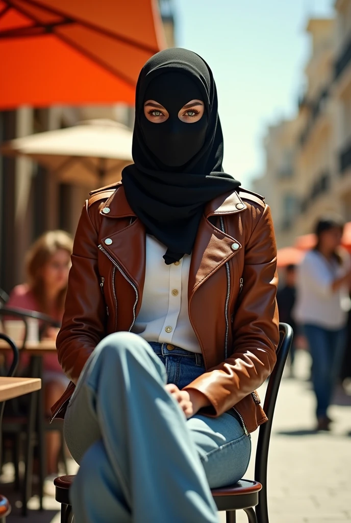 completely hidden face misterious white arabic woman wearing 2 eye holes black ski mask covering mouth and nose, without hair, head scarf, green eyes, brown biker leather jacket, white formal button down blouse, wide leg denim pants, walking on the street, sitting on a chair, at a cafe, high hill sandals, crossing legs, sunny day