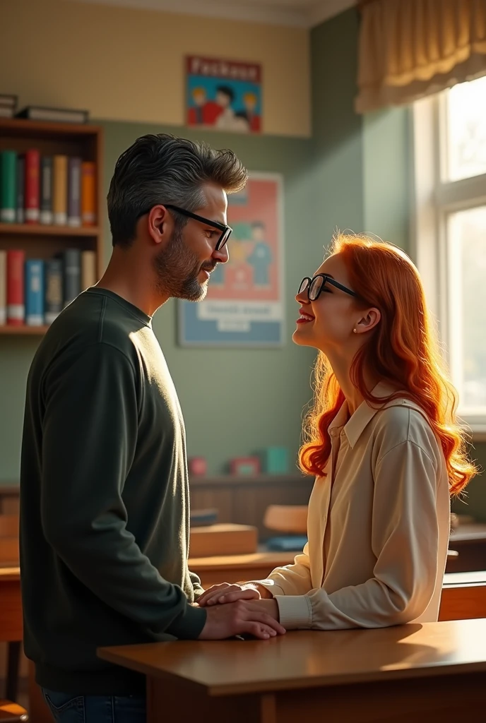 teacher with rectangular glasses, high, 30 year old young man but with some grey hair and NO beard, talking to a redheaded 18 year old girl with glasses who is sitting on a desk, They seem to be in love, Make the teacher have neither a beard nor a mustache, Also his hair is not standing up