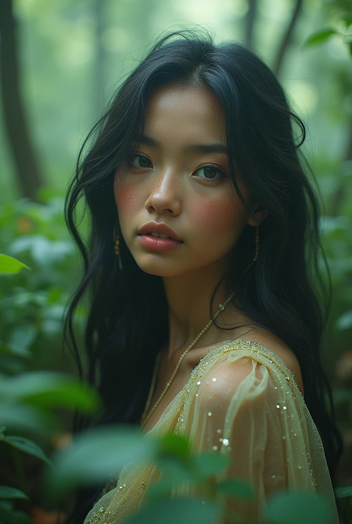 Masterpiece, 8k, ultra realistic, high quality photography, hdr, RAW photo, Btflindngds, Kikimora, a beautiful mythical girl in the forest, large breasts, light skinned, wet, topless, pubic hair, rainbow, intricate eyes, mid shot, photograph by artgerm and, (greg rutkowski:.3), high quality photo, 