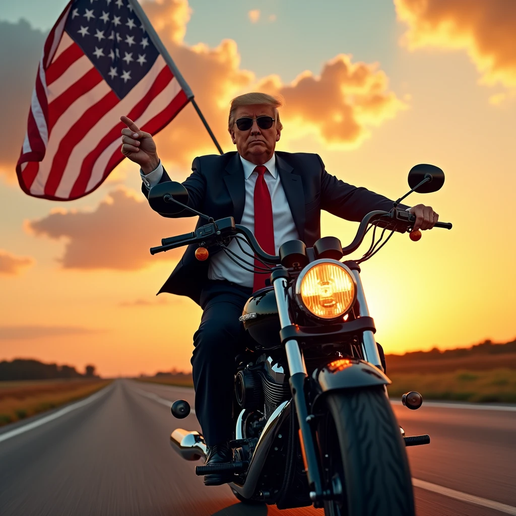 Donald trump either in a suit or the exact same outfit with the leather jacket. He should still be on the motorcycle. He must be wearing sunglasses. Lastly, he should be holding an American flag.