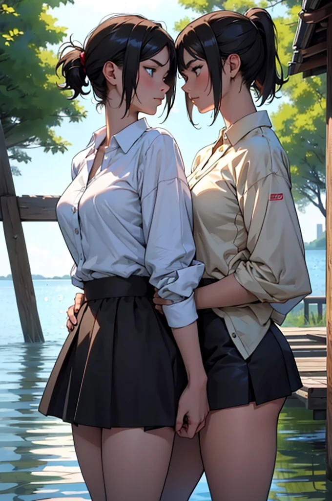 Ponytail sisters，Open-chested clothing，houseboat，Unbuttoned，They are hugging each other