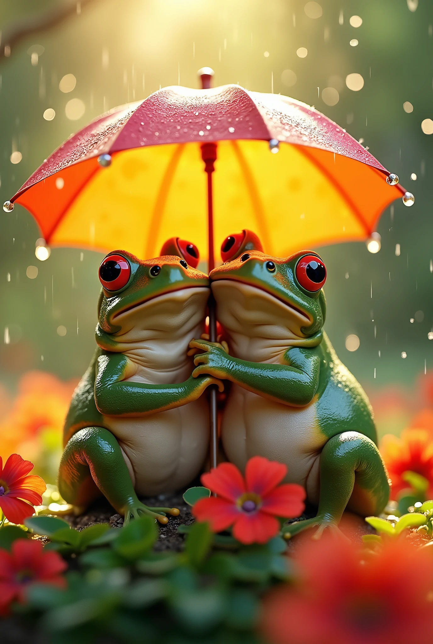 Two cute frogs hugging under an umbrella in the rain, sitting on top of flowers, sun rays shining through the leaves and water droplets falling from them, photorealistic, hyper realistic, high resolution, high definition, sharp focus, highly detailed, very beautiful, vibrant colors, cinematic.
Go to creation(1)
Go to creation(2)
Go to creation(3)