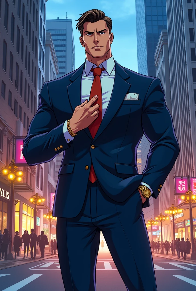 anime style drawing of a realistic strong man in a suit