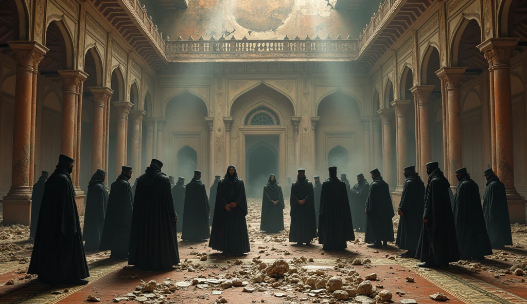 Setting: A grand but deteriorating throne room, symbolizing the decline of India's sovereignty.
Figures: A group of deceitful leaders, depicted as figures in dark, elaborate attire, engaged in deceitful activities like spreading falsehoods and making arguments.
Background: Crumbling walls and chaotic surroundings to represent the nation's decline.
Symbolism: Incorporate imagery like broken symbols of unity or religious icons to illustrate the loss of traditional values and unity.
This image should convey a sense of impending chaos and decline, reflecting the story's themes 