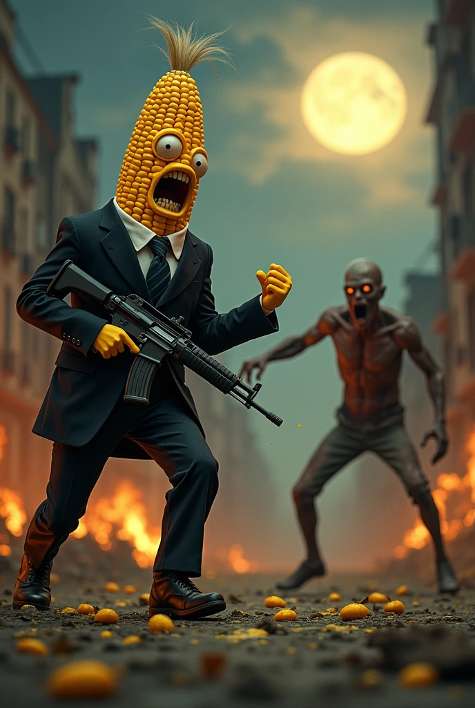Angry corn in a suit with an AK 47 killing a zombie