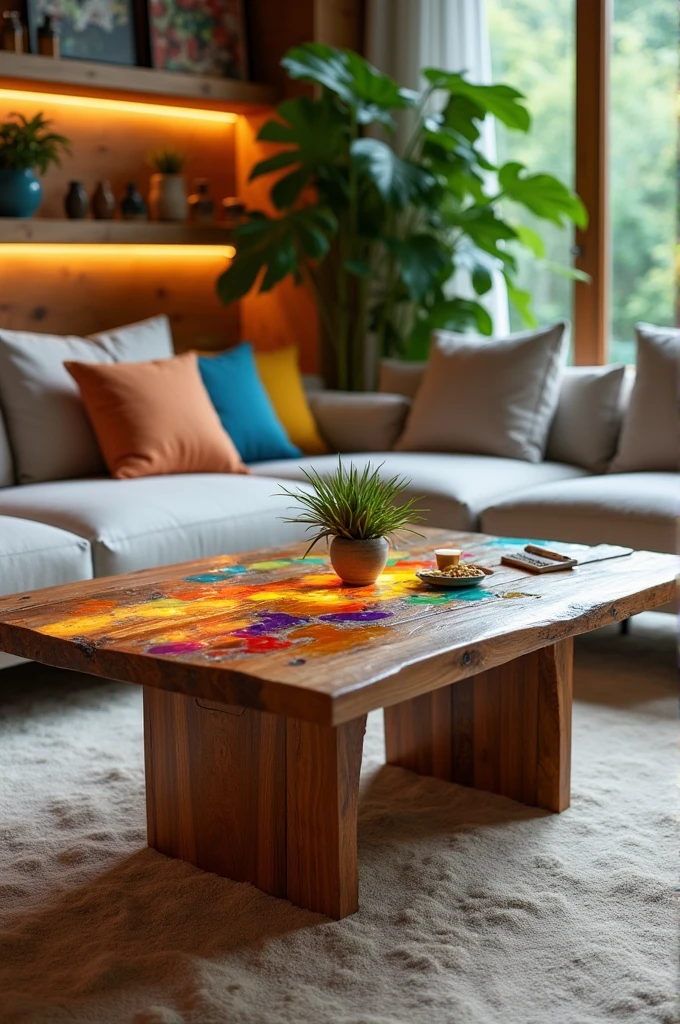 Hello, I have a creative image of a center table for the living room with recycled plastic and wood.