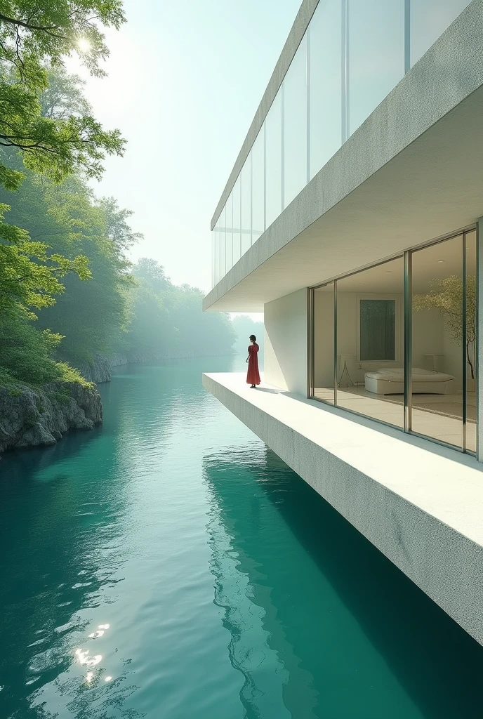 a surreal image of an open house, with all the walls made of glass on top of a white base, that looks like a long path that forms a long bridge over the water, that looks like a huge river. It is visible inside the two-story house. The place is open air, well-lit. Green trees surround the lake with clear waters. She looks like this picture: https://pin.it/1YWipDRip 