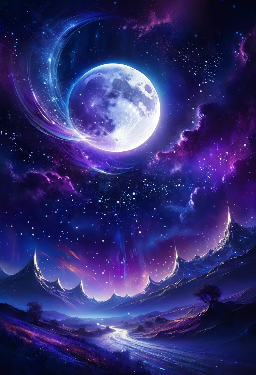 The moon is surrounded by many, many glowing stars. The starry sky is twinkling and light trails are even brighter. Surreal scene. Beautiful stunning composition. Subtle shadows and highlights. Deep blue and purple tones. More color variations. Mysterious and vibrant. Tonal Action Painting Highly Detailed High Definition Cinematic Close Up Magical Fantasy Gorgeous Digital Art