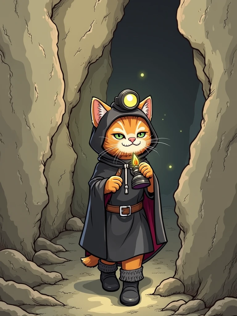 The scene is at the entrance of a dark cave. The cat is now in a black cloak, with a small headlamp hat, holding a little oil lamp, and wearing dark boots. It cautiously walks deeper into the cave, with faint lights flickering on the cave walls.