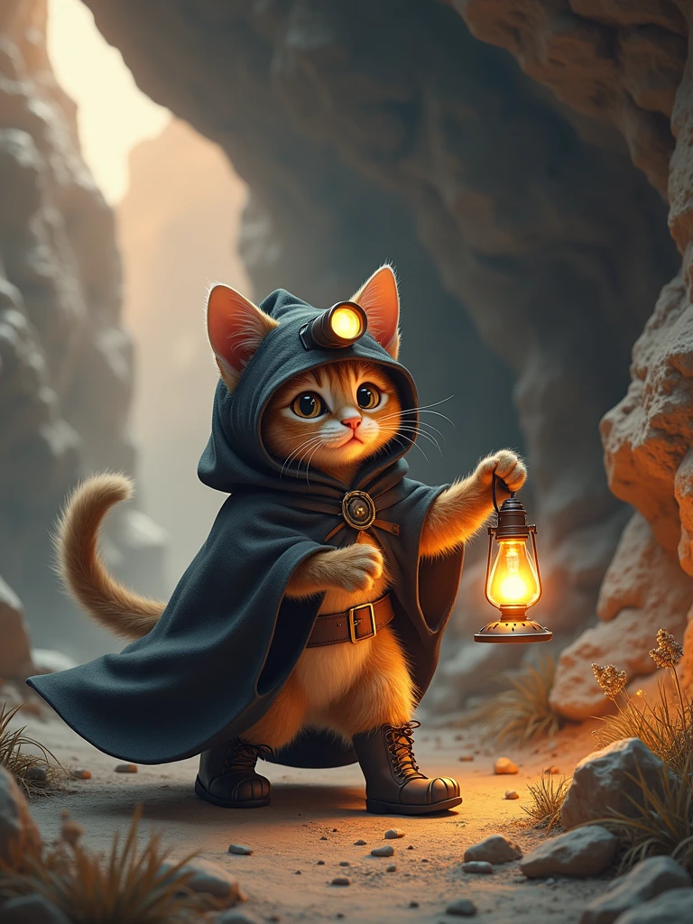 The scene is at the entrance of a dark cave. The cat is now in a black cloak, with a small headlamp hat, holding a little oil lamp, and wearing dark boots. It cautiously walks deeper into the cave, with faint lights flickering on the cave walls.