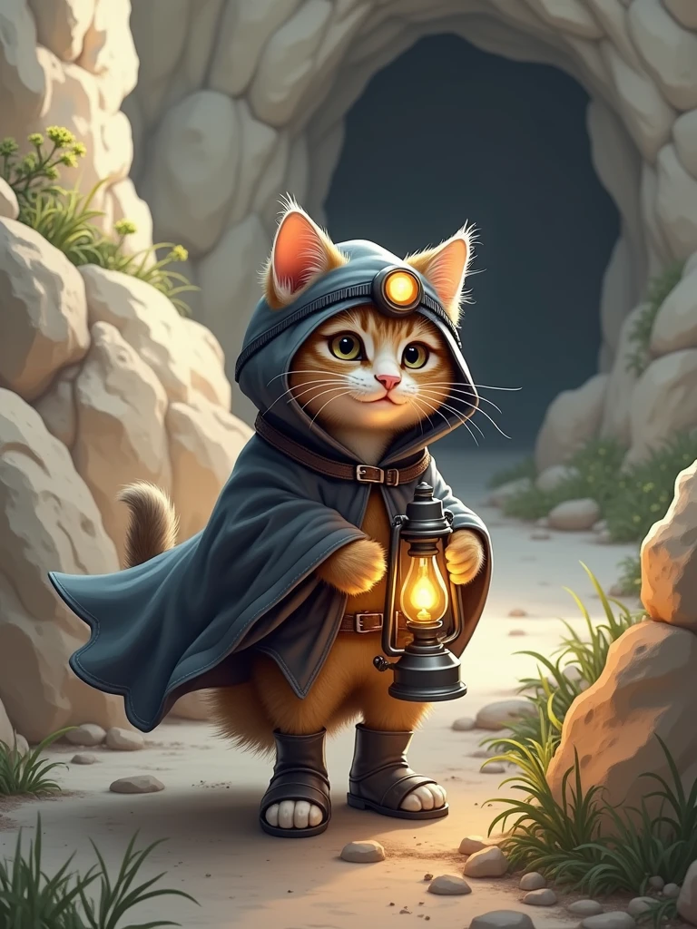 The scene is at the entrance of a dark cave. The cat is now in a black cloak, with a small headlamp hat, holding a little oil lamp, and wearing dark boots. It cautiously walks deeper into the cave, with faint lights flickering on the cave walls.