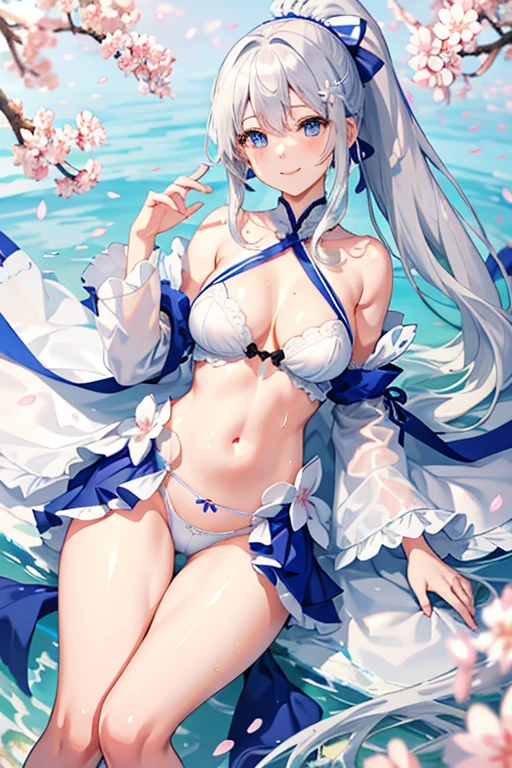 high resolution、Fantastic Light、Silver Hair、ponytail、Cleavage、ribbon、Open-chested uniform、Cherry blossom petals、The wind is blowing、whole body、blue eyes、Thin thighs、Beautiful wet skin、A kind smile、赤いribbon