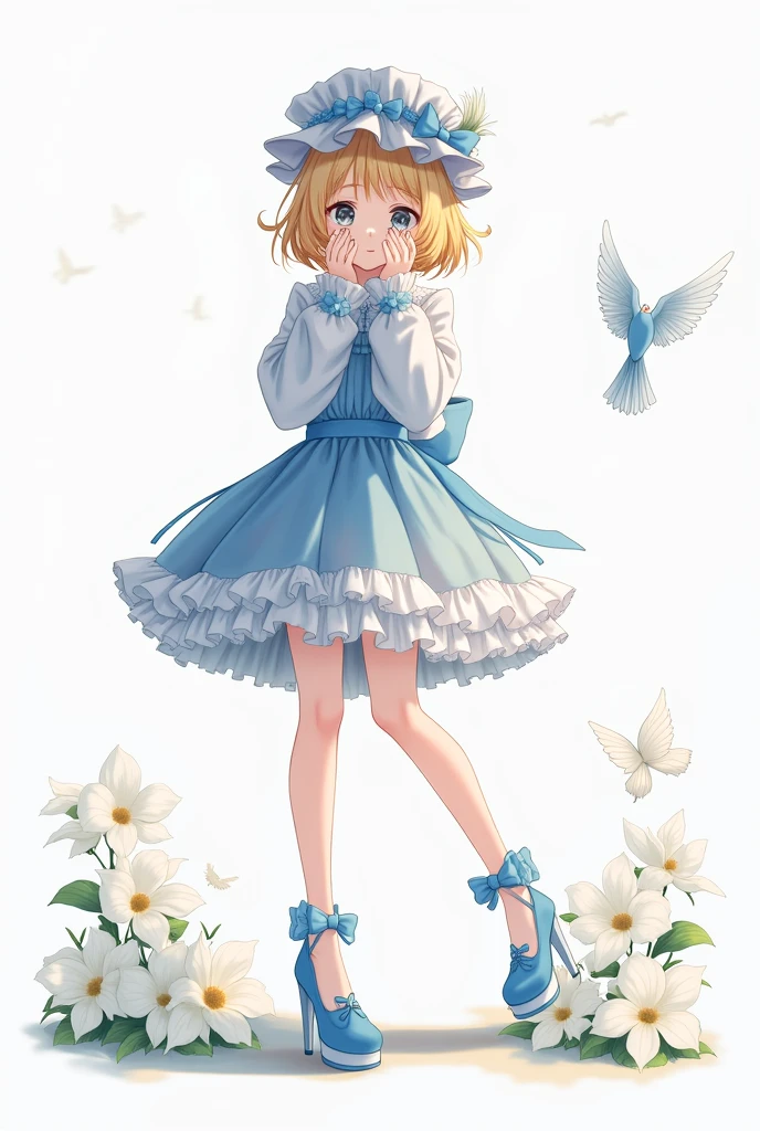Upper warehouse, 1 Girl, Blonde Hair, White background, have, skirt, 蓝色shoe类, wing, Simple background, sign, flower, Nail polish, Wide sleeves, Long sleeve, blush, animal, white flower, Solitary, whole body, bird, Looking at the audience, 高跟shoe, Put your hand on your cheek, Cover your face with your hands, Ruffles, bow, Bangs, Ribbon, bell, Blue headdress, +_+, sock, short hair, Gray eyes, shoe, Blue nails, feathered wing, blue bow