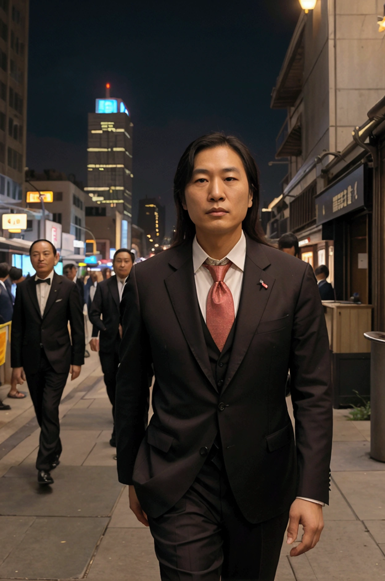"A 19th-century Japanese-American businessman in a sleek suit, inspired by Eiichi Shibusawa, walking through the busy streets of Wall Street, surrounded by towering skyscrapers. The scene reflects a blend of traditional ethics and modern business, showing a visionary leader in the heart of America's financial district. The character has a dignified and intelligent expression, symbolizing the fusion of Eastern and Western ideals in a dynamic and futuristic setting. Background includes advanced technology elements, hinting at the rise of Silicon Valley in a vibrant, colorful style."