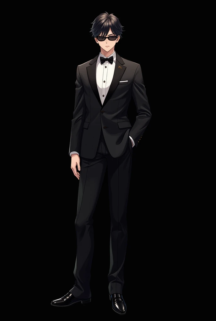 20 years old Anime boy wearing black tuxedo with black shades and black background 