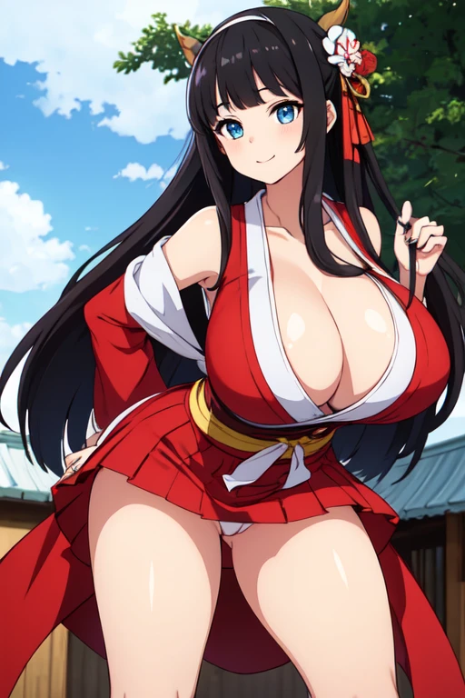 good quality, best quality, highres, absurdres, 8k, 4K, masterpiece, Girl in Japanese shrine maiden outfit, (Hime cut), (super long black hair),(((straight bangs, blunt bangs))),(White headband), Blue eyes, super long black hair, hair ornament, ribbon, smile, Showing her breasts, (Huge breasts:1.3), Cleavage, White kimono, Shoulder-exposing sleeves, open-chested costume, Short skirt, Red Skirt, (upskirt), cameltoe, leaning forward,