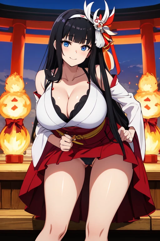 good quality, best quality, highres, absurdres, 8k, 4K, masterpiece, Girl in Japanese shrine maiden outfit, (Hime cut), (super long black hair),(((straight bangs, blunt bangs))),(White headband), Blue eyes, super long black hair, hair ornament, ribbon, smile, Showing her breasts, (Huge breasts:1.3), Cleavage, White kimono, Shoulder-exposing sleeves, open-chested costume, Short skirt, Red Skirt, (upskirt), cameltoe, leaning forward,