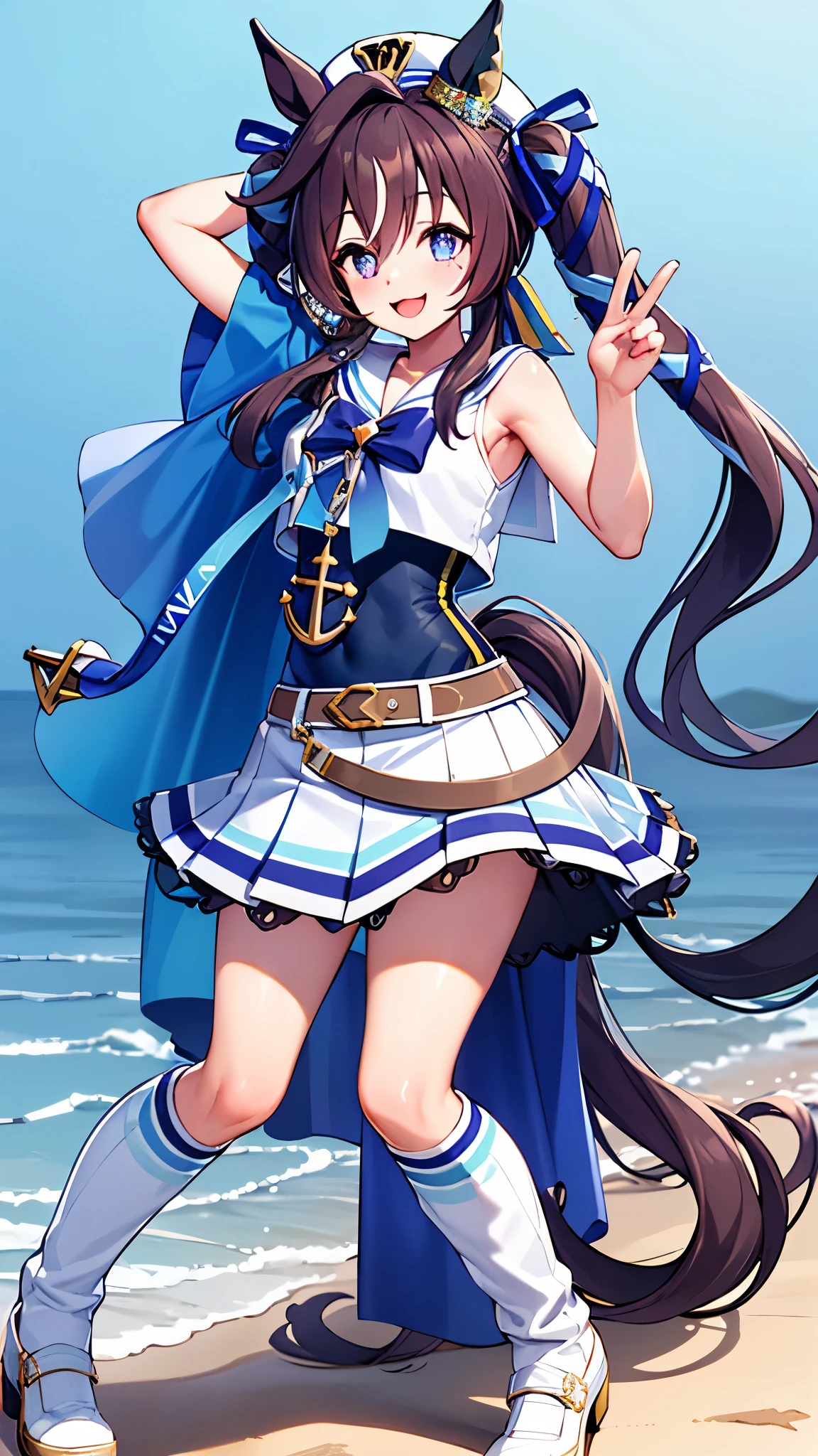 masterpiece, Highest quality, detailed, highly detailed, ultra detailed, Byblos \(umamusume\), Horse tail, have, White sailor collar, Expose your shoulders, Blue Ribbon, small cape, strap, Anchor decoration, Body stockings, belt, Bare knees, White pleated skirt, White boots, smile, Raise your arms, Underarm,