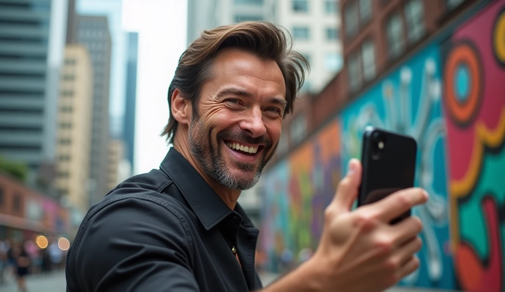 Hugh Jackman taking a selfie 