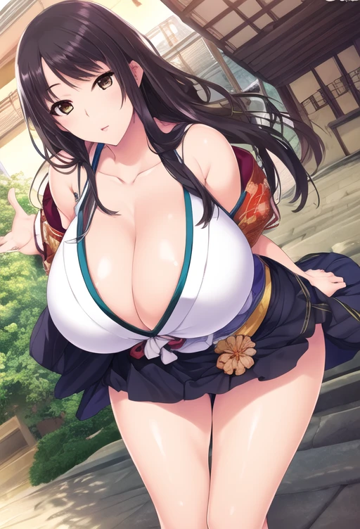 (8k, RAW photo, best quality, masterpiece:1.2),
1girl,solo,mature female,black hair,brown eyes,long hair, (huge breasts:1.2), cleavage,((japanese clothes, bare shoulders)),(upskirt),(camel toe),looking at viewer,leaning forward,outdoors,
 