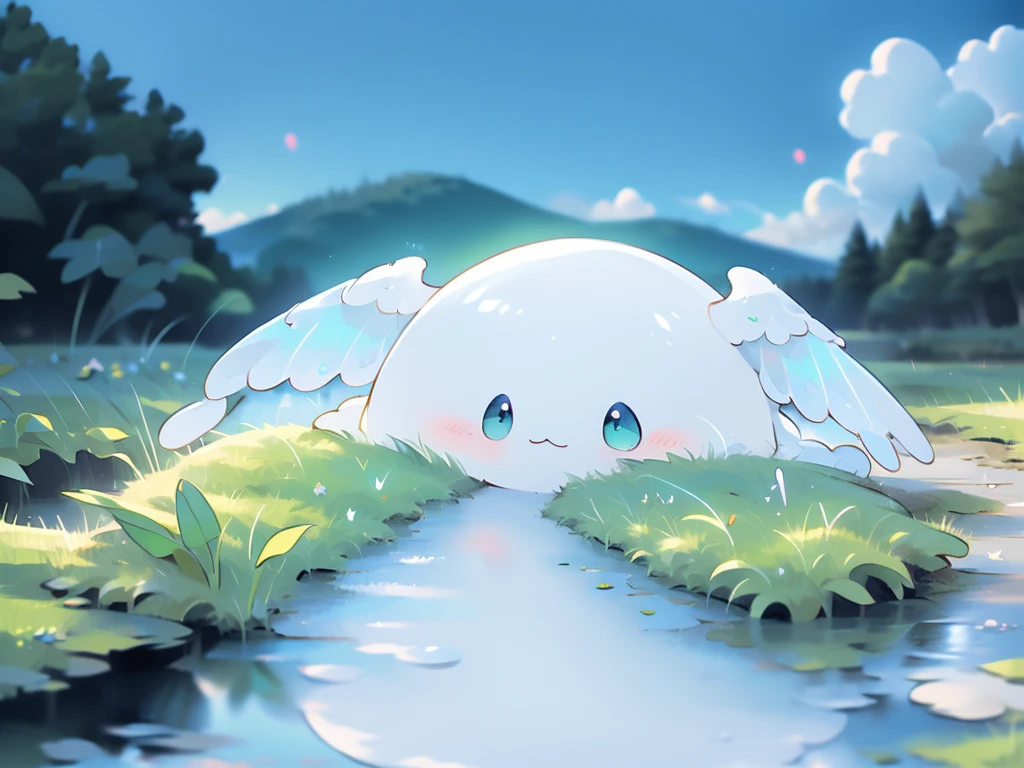 ((masterpiece)), ((Highest quality)), ((Realistic feel)), ((landscape:1.6)), ((A woolen path leading to the blue sky, Light color)), (an Egg-sized angel, a small, fluffy Pokémon resembling a cotton ball, with a cloud-like body. It features large, bright eyes and white leaf-like antennae. The overall color palette is soft with shades of white and Sky blue, , lower body is covered by fluffy white clouds, creating a whimsical, cute appearance. The background is a serene, nature-inspired setting, highlighting its playful and gentle personality), Pastel Color Spectrum,Tilt Up, Immersion, The sky is high, The sky is wide, The background is fresh green, Cool green shades, The sun shines, Different dimension space, Fractal Art, Scheimpflug, High Contrast, Highest quality, Highest Resolution, Ultra-detailed, Super beautiful graphics