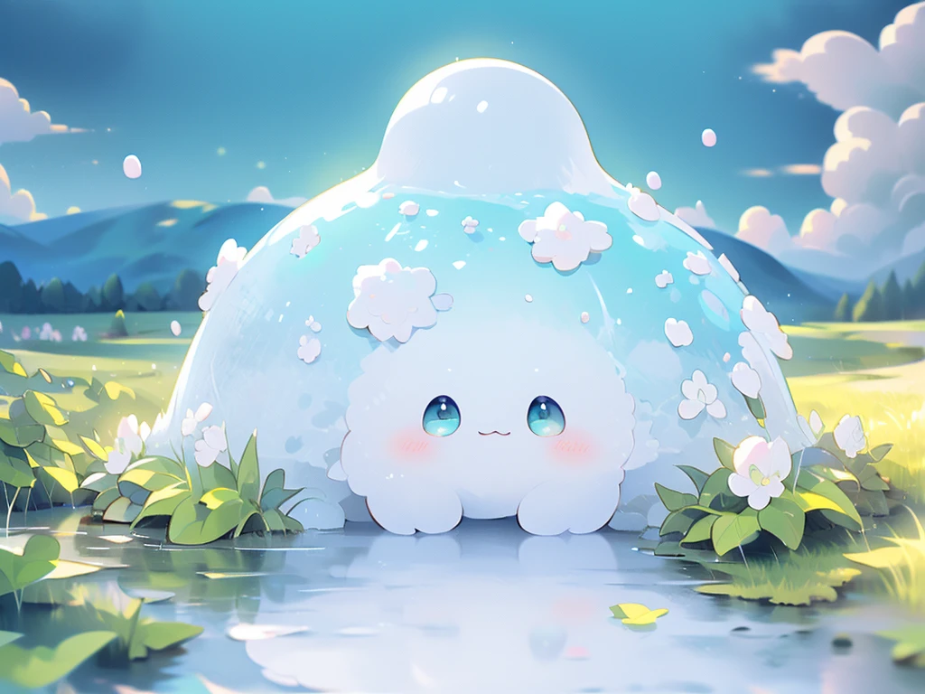 ((masterpiece)), ((Highest quality)), ((Realistic feel)), ((landscape:1.6)), ((A woolen path leading to the blue sky, Light color)), (an Egg-sized angel, a small, fluffy Pokémon resembling a cotton ball, with a cloud-like body. It features large, bright eyes and white  leaf-like antennae. The overall color palette is soft with shades of white and Sky blue, , lower body is covered by fluffy white clouds, creating a whimsical, cute appearance. The background is a serene, nature-inspired setting, highlighting its playful and gentle personality), Pastel Color Spectrum,Tilt Up,  Immersion, The sky is high, The sky is wide, The background is fresh green, Cool green shades, The sun shines, Different dimension space, Fractal Art, Scheimpflug, High Contrast, Highest quality, Highest Resolution, Ultra-detailed, Super beautiful graphics