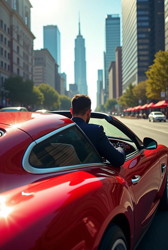 Create a photo of the back of the man in the VF5 car