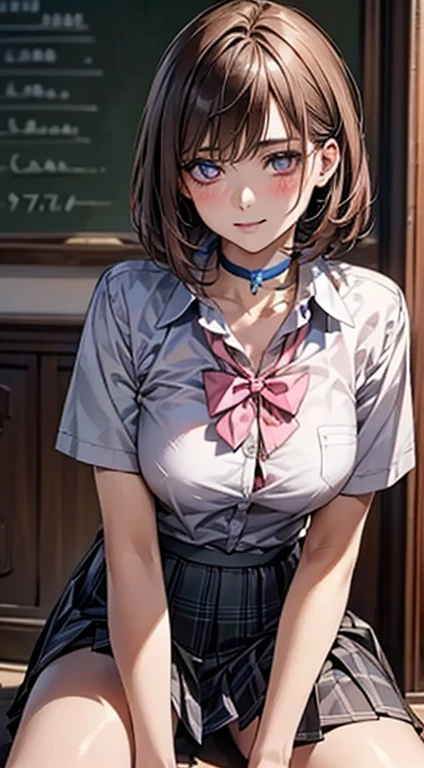 (masterpiece:1.2, Highest quality), (Realistic, photoRealistic:1.4), Beautiful illustrations,
Looking at the audience, whole body, Front view:0.6,
1 , Japanese, high School girl, ((Bob Hair:1.7, Brown Hair:1.3)), middle part:1.3, Mid-chest:1.8,
Beautiful Hair, Beautiful and detailed, Beautiful clavicle, Beautiful breasts, Beautiful thighs, Beautiful feet, Beautiful fingers,
(Beautiful views), , School,
((Collared short-sleeved shirt, White shirt, , Grey plaid pleated skirt, Blue checked bow tie, choker)),
(Are standing, Grab the hem of your skirt, please put your hand on your chest, Place your hands between your legs, Leaning forward),
blush, (Eyes glow pink:1.4)