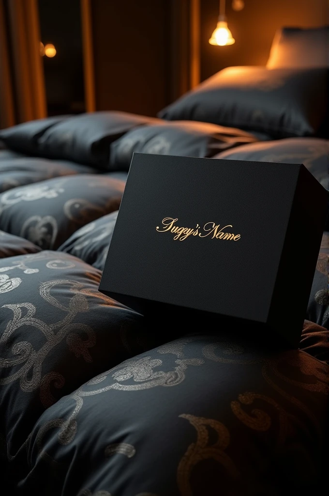 Versace black packed duvet with sugey's name on a box