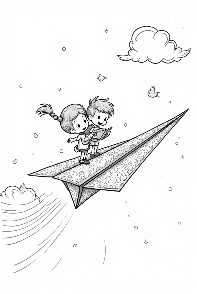 Black and white animated image for coloring of a paper airplane filled with letters with a boy and a girl on it and the children holding a book in their hands