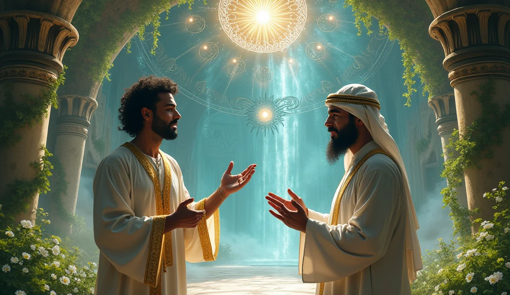 give me 2 Arabs standing in astral temple with nature talking