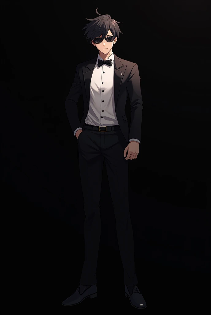 20 years old Anime boy wearing black tuxedo with black shades and black background