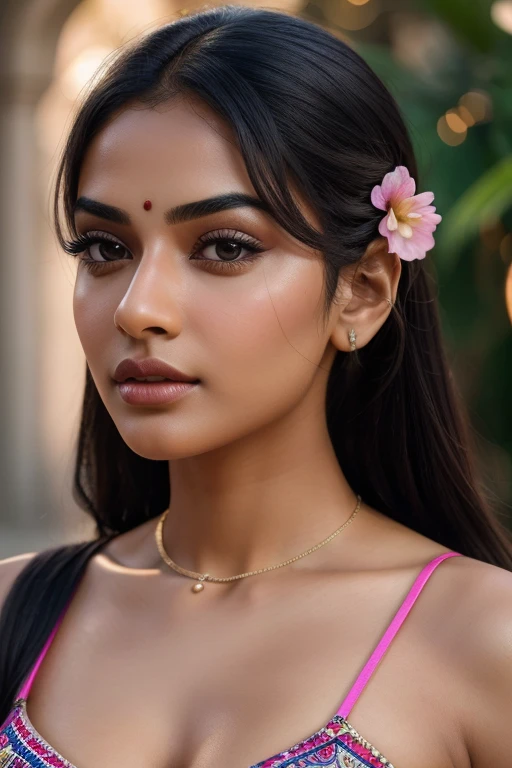 ultra-realistic photographs,Indian Instagram female model,mid 20s,9:16,mid-shot,beautiful detailed eyes,detailed lips,longeyelashes,black stylish hair, naturally full eyebrows,perfectly formed nose,expressive face,attractive appearance,confident and elegant posture,graceful movement,in colorful bra, vibrant patterns, background, serene atmosphere,stunning architecture,soft and natural lighting,vivid colors,photorealistic,HDR,highres,studio lighting,ultra-detailed,bokeh