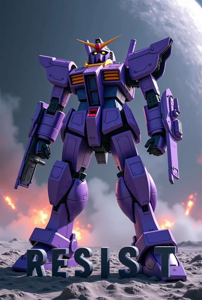 a violet gundam robot, samurai-inspired mechanical design, staring upwards, low angle shot from behind the gundam, lunar surface, raging space battle, dramatic lighting, cinematic composition, highly detailed, photorealistic, 8k, best quality 'RESIST' written in large clear mechanical letters across the bottom of the screen