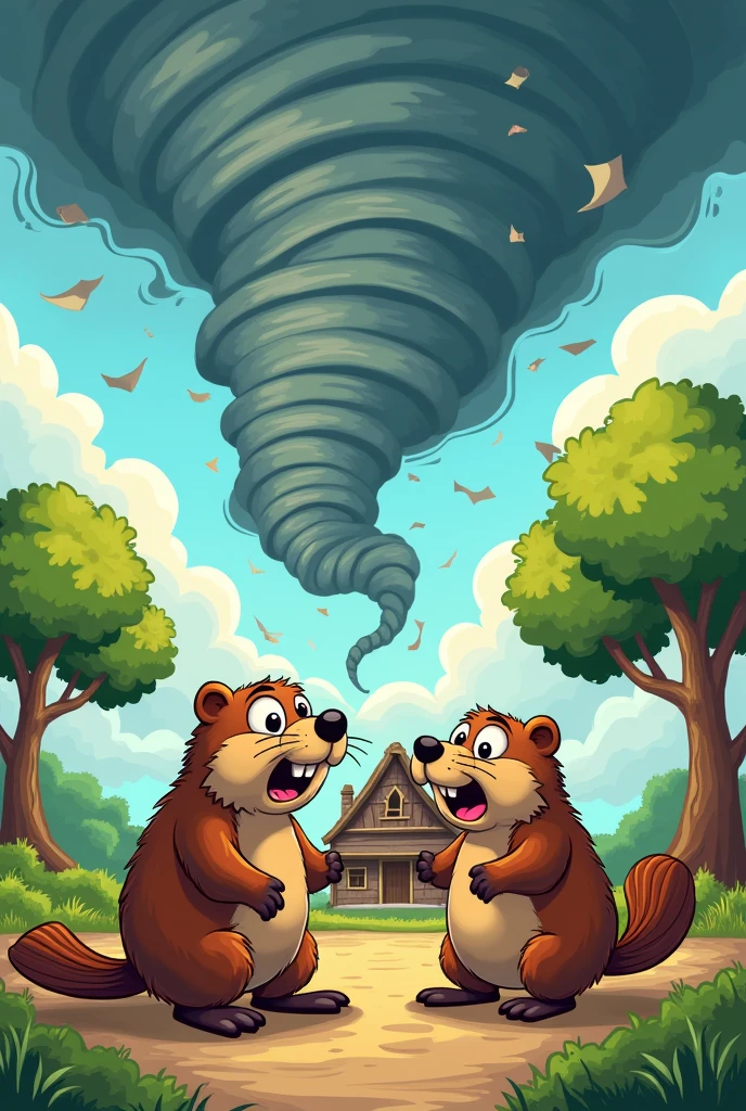 Make me a couple of beavers watching their house being destroyed by a tornado from the storm , with cartoon drawing