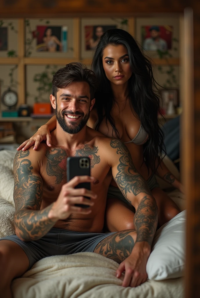 Tattooed man with left arm sitting on bed taking picture of himself in mirror with long black haired woman on top of man sitting looking back