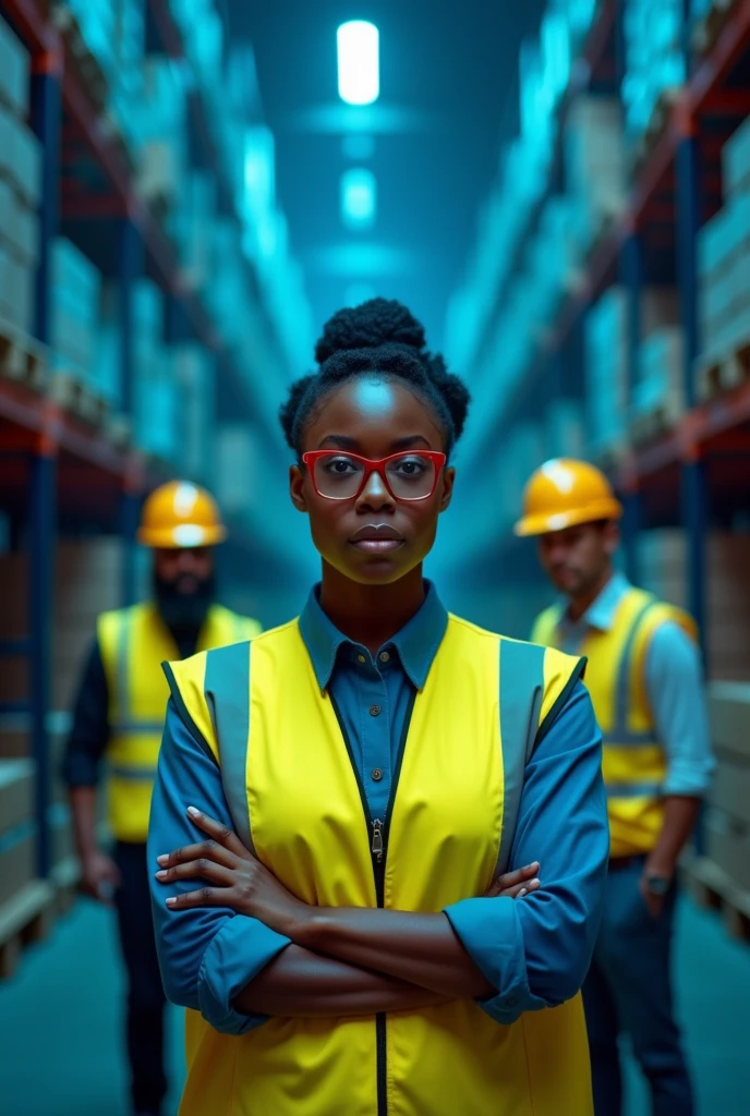 Cover Concept:
setting: a black woman wearing a safety vest, operations manager, leading a group through a detailed scenario, setting is a large warehouse, blue lighting, red glasses
convey strength and leadership.