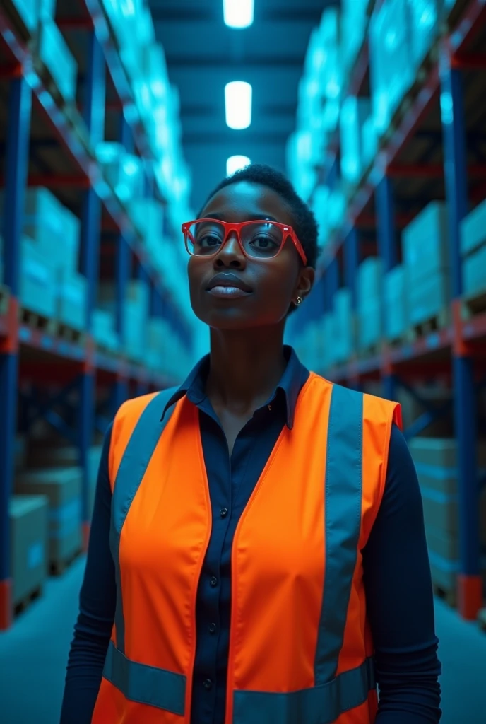 Cover Concept:
setting: a black woman wearing a safety vest, operations manager, leading a group through a detailed scenario, setting is a large warehouse, blue lighting, red glasses
convey strength and leadership.