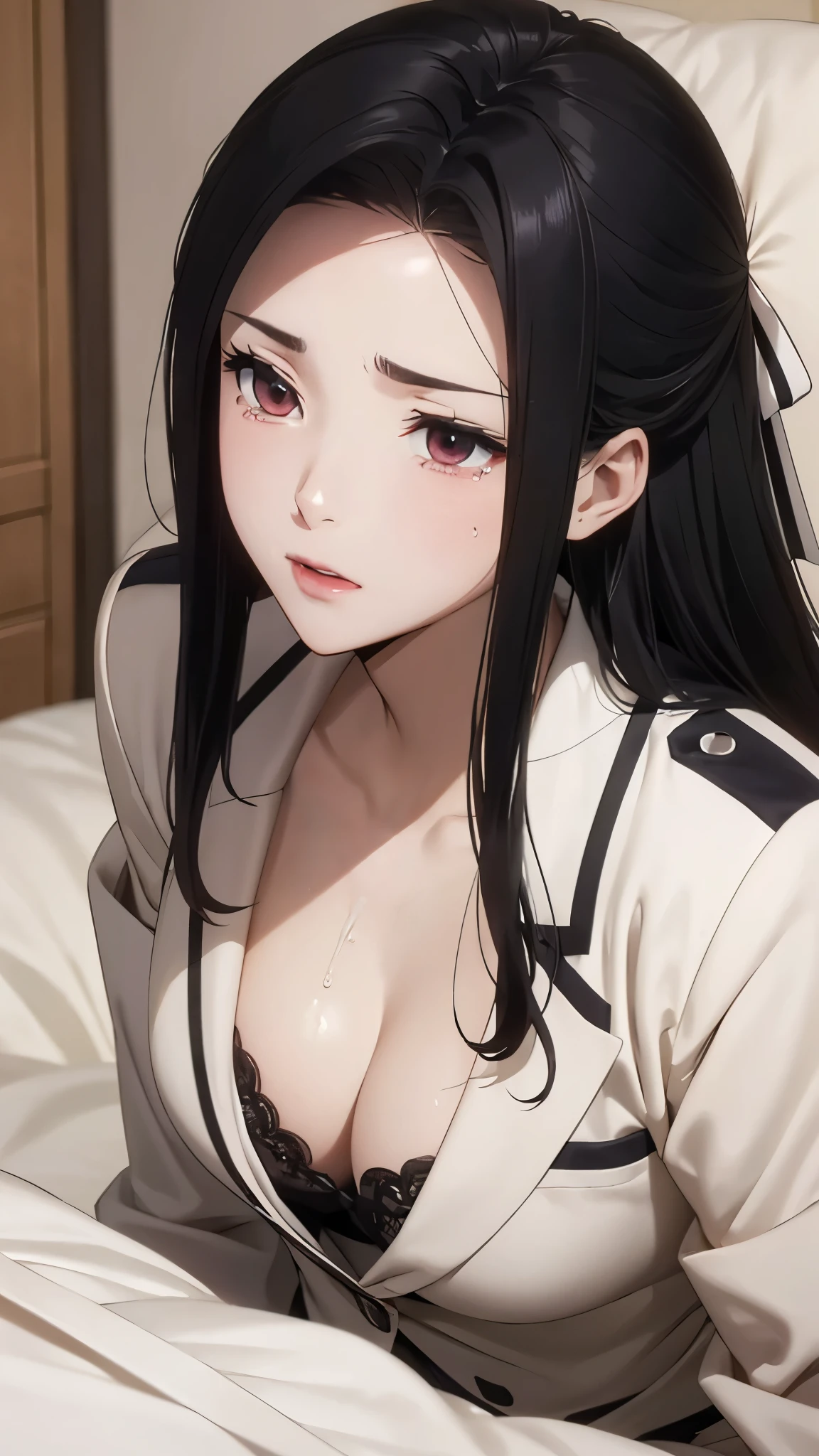 1 personの, alone, masterpiece, Highest quality, The Irregular at Magic High School,Mayumi Saegusa、Mayumi Saegusa、Red Eye, eyelash, Black Hair, Long Hair, Back ribbon, High School Uniform, White dress shirt, Collared dress, Jacket, 緑のJacket, cropped Jacket, open Jacket, Long sleeve,, (masterpiece: 1.3), (Maximum resolution: 1.2), (Ultra HD TV: 1.2), Cinematic Light, 8k resolution, Detailed facial features , (Sharp focus: 1.2), (Focus on the face:1.2),Perfect Style, Beautiful Face, Acura, Anatomically correct, Highly detailed face and skin texture, Beautiful Eyes,Beautiful Eyes, Thin eyebrows, Natural Cheeks, Glowing Skin, Fair skin: 1.2, (Glossy Lips: 1.4),、 (Embarrassed look: 1.2),Highly detailed face and skin texture, Natural Cheeks, , Glossy Lips: 1.4,Perfect Style、Cleavage、Soft Breasts、(Semen on chest:1.6)(Cum on thighs 1.5)、 Sperm on tongue、Drenched in sweat、Wet clothes、blush、A humiliating look、Anxious expression、Frightened expression、Embarrassed look、Glare、anger、sorrow、tears、(Open your knees:1.5)、(Open your crotch to show your panties:1.8)、 White underwear、Disheveled clothes、sweating、Thin underwear、18-year-old、 clear, A clean-cut woman,1 person、 Upward-facing chest, Black Hair、Beautiful Eyes、Torn clothing、Blowjob gestures、At the bed、(On my back、At the bedLying down、Lying down、White sheets:1.7)、avert your eyes、