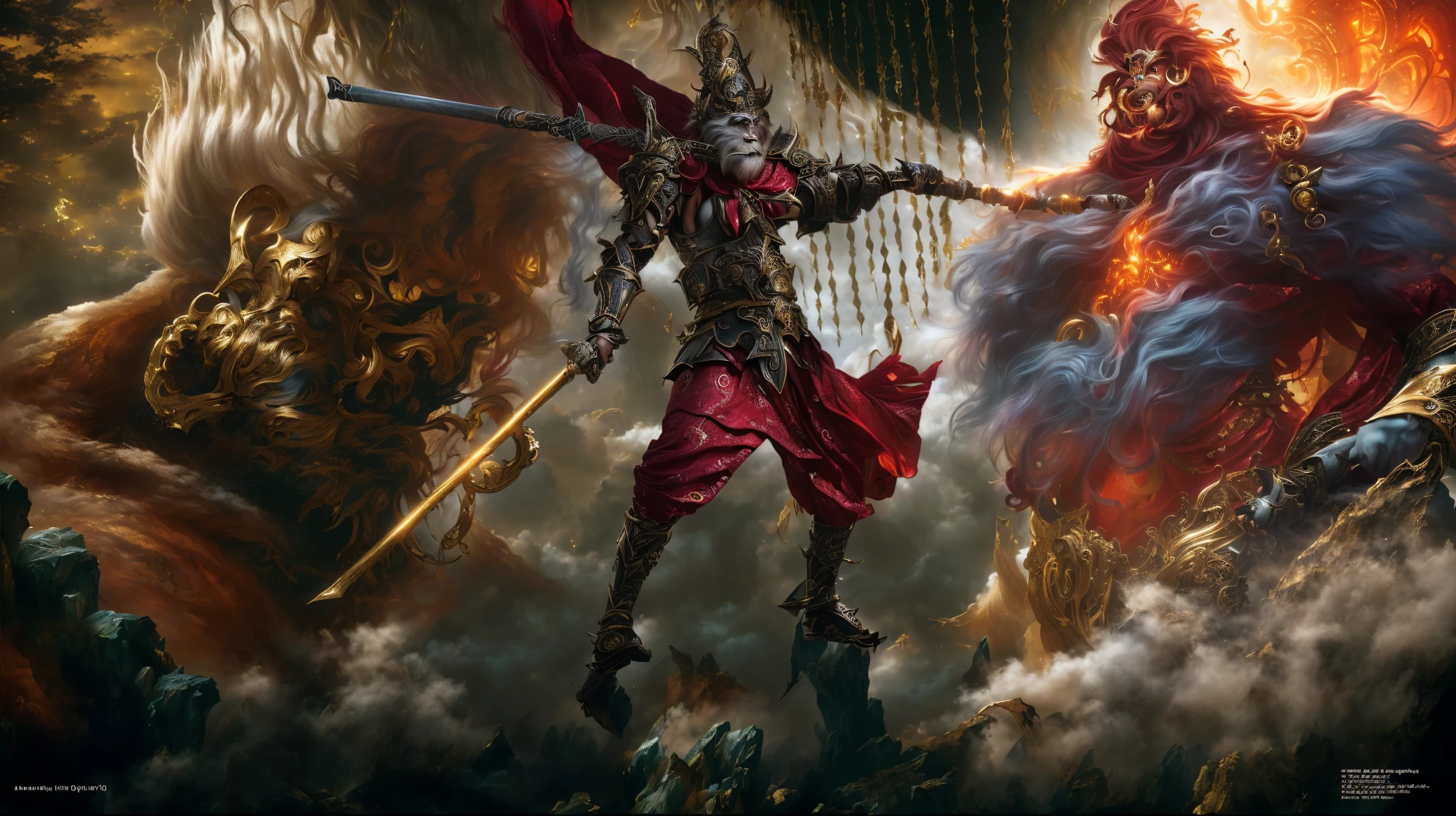 There is a monkey standing in the clouds，Holding the golden hoop stick。, author：Arthur Pan, Epic Fantasy Game Art, author：Yang J, Guild Wars Artwork, Epic Fantasy Card Game Art, Epic fantasy, Epic fantasy digital art style, Epic Fantasy Character Art, Wing Wall and Shurak, Epic fantasy digital art, epic fantasy artwork, Inspired by Huang Shen