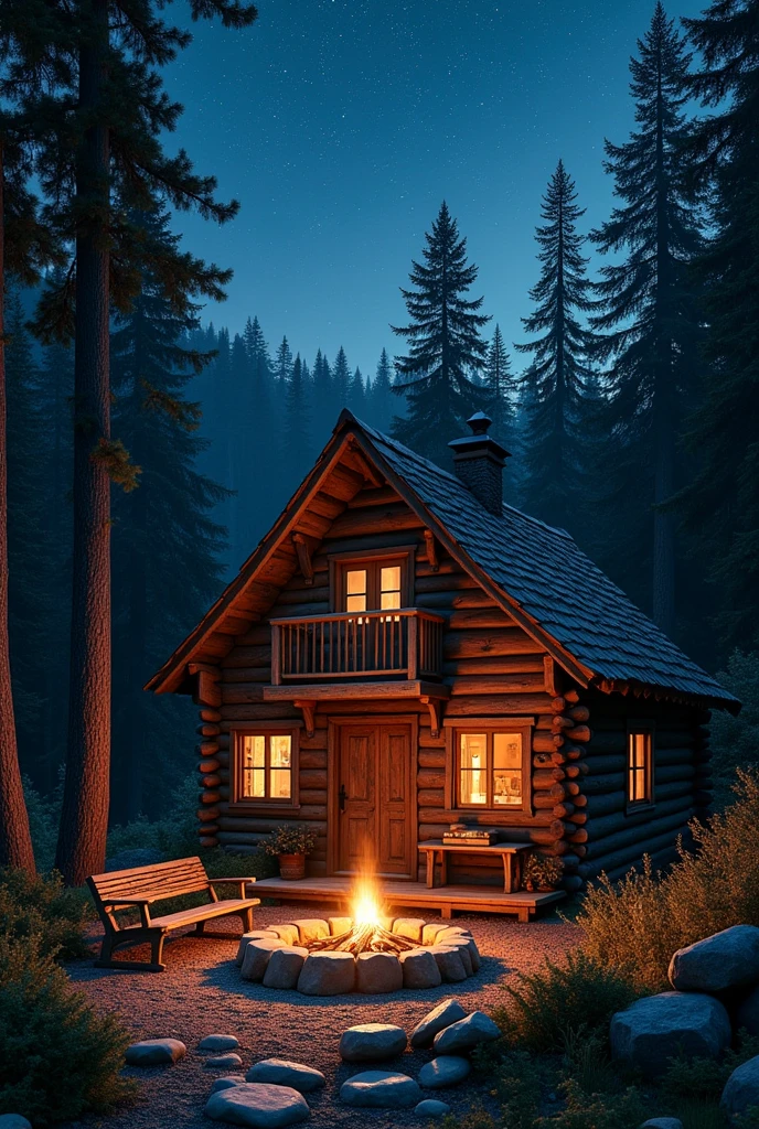 A wooden house in a dense forest at night, with an outdoor fire pit