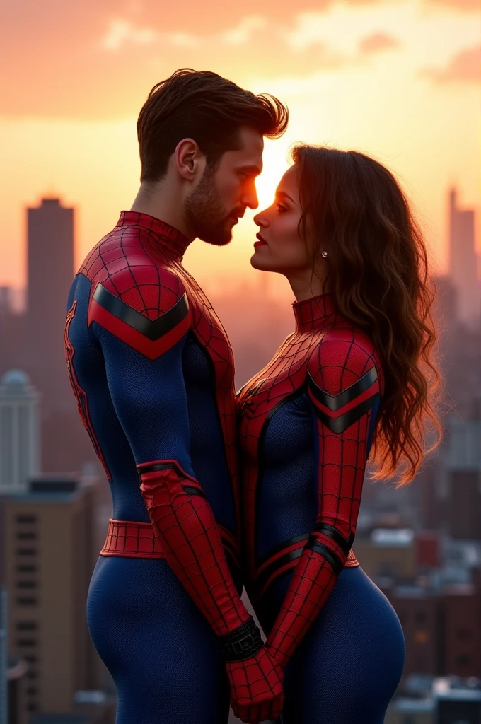 To create an image of a Spiderman and Spider-Girl couple, I'll need to generate a unique interpretation of these characters. The design will feature a male character resembling Spiderman and a female character with a similar superhero costume style and curly hair, standing together in a dynamic and affectionate pose.