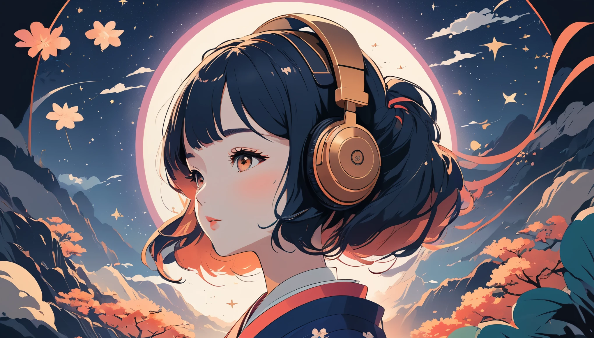 Japanese style headphones、geisha、Wide-angle lens, Lofi Anime, Lofi illustration, Aesthetic atmosphere, Lo-Fi Style, Vector art, Flat Design, Simple shape, Warm tones, Pleasant atmosphere, Chill, In anime style, Digital drawing, Vector art, Vector logo for t-shirt printing, (Adorable:1.5), (small:1.4), (Playful:1.2), (soft:1.3), (Whimsical:1.1), masterpiece, Highest quality, 8k, Intricate details, grow, Celestial, Mysterious, Picturesque, amazing, Majestic, Magic, Fantasy art, Cover art, dream-like