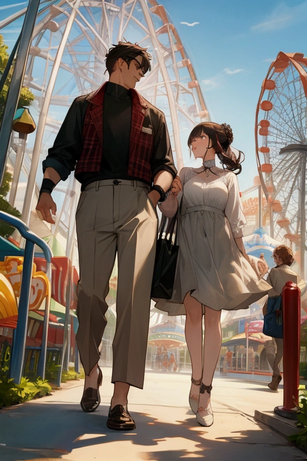 A man and a woman go to an amusement park.