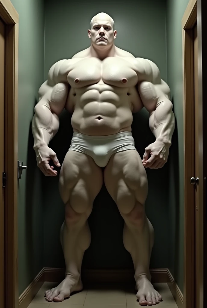 giant heavy muscular man, handsome, tall, white underpants, white pale skin, black short hair, huge pecs, big nipple, have 4 long arms, wide shoulder, giant palm hand, chest exposed, standing proudly, small narrow room