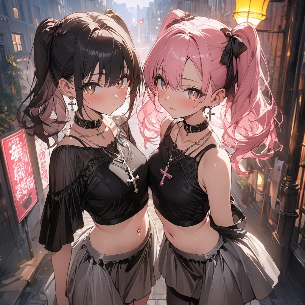 (((anime))) One woman,Gal,Twin Hair,Black Hair,(Pink Hair),Twin ponytail,Ribbon at the base,Pink Earrings,necklace,(cross),Collar with spikes Cool,Look this way,Brown eyes,Large pupils Black,Drop shoulder,I can see your shoulders,Short clothes,I can see my belly button,Silver Skirt,Black Stockings Night,City of night,signboard,Street lamp light,Backlight,masterpiece,Highest quality,Exquisite,8k,Absurd,Ultra-fine illustrations,(View your viewers)