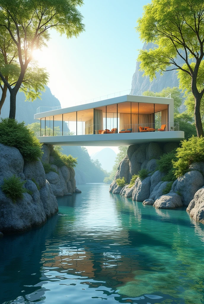 a surreal image of an open house, with all the walls made of glass on top of a white base, that looks like a long path that forms a long bridge over the water, that looks like a huge river. It is visible inside the two-story house. The place is open air, well-lit. Green trees surround the lake with clear waters. She looks like this picture: https://pin.it/1YWipDRip